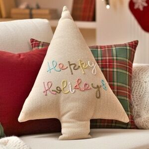 Creative Co-op Happy Holidays Embroidered Tree-Shaped Cotton Jute Pillow 24x16in